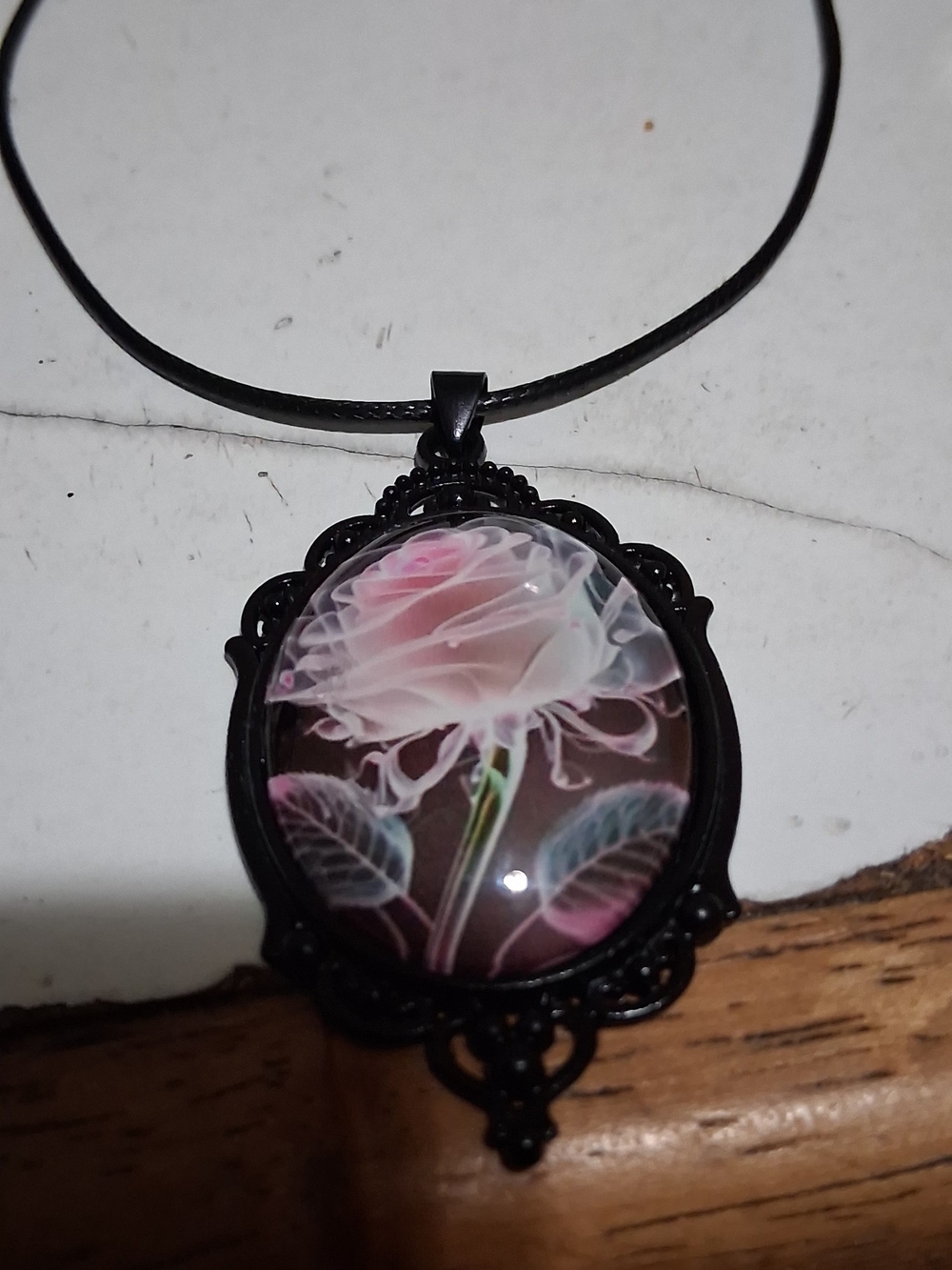 Delicate Pink Rose Cameo Pendant Necklace in Black Frame